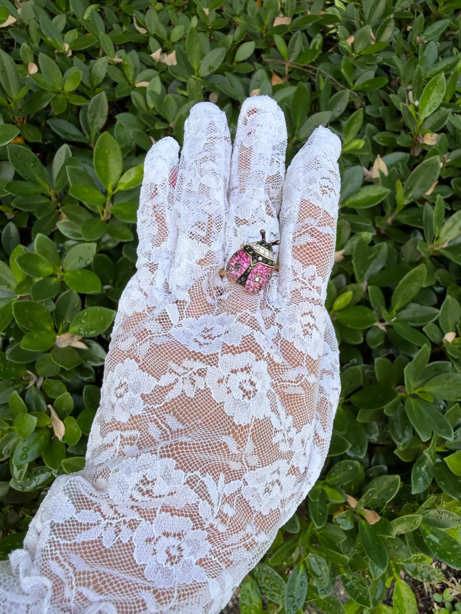 Full hand view of estate ladybug ring on finger